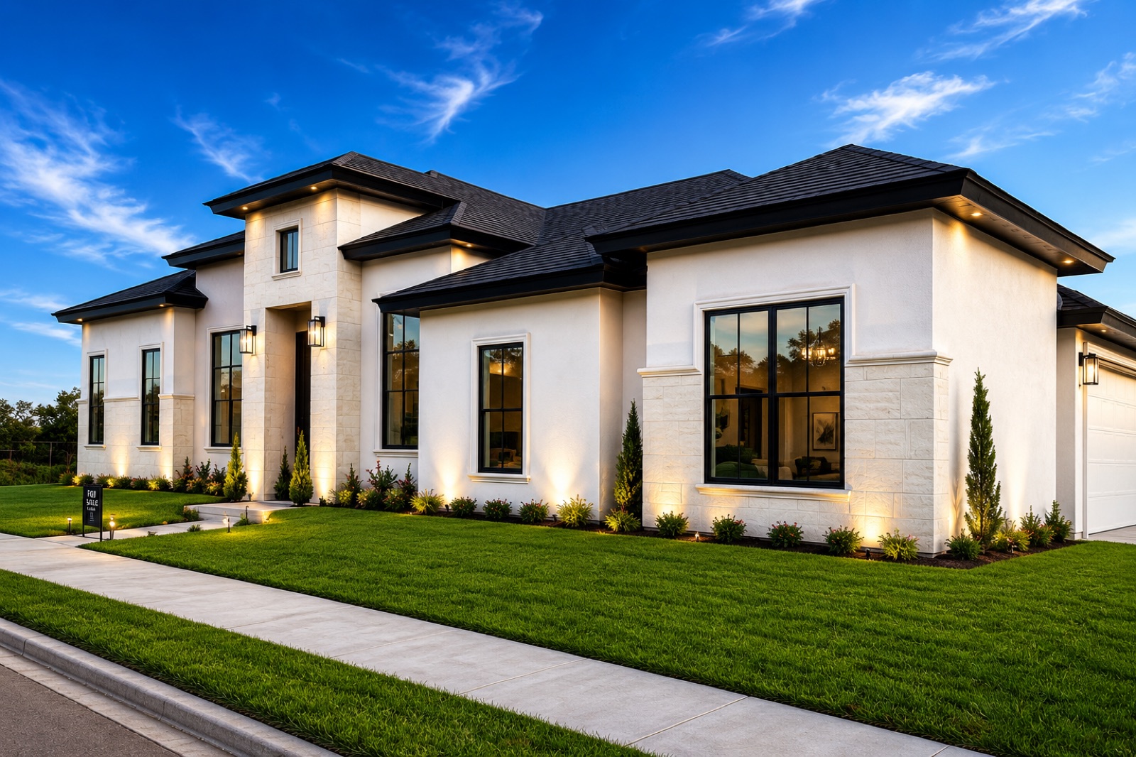 The Diplomat, a completed custom home with evening landscape lighting