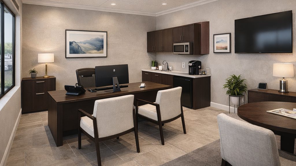 Blue Rock industrial flex bay office interior — architectural rendering